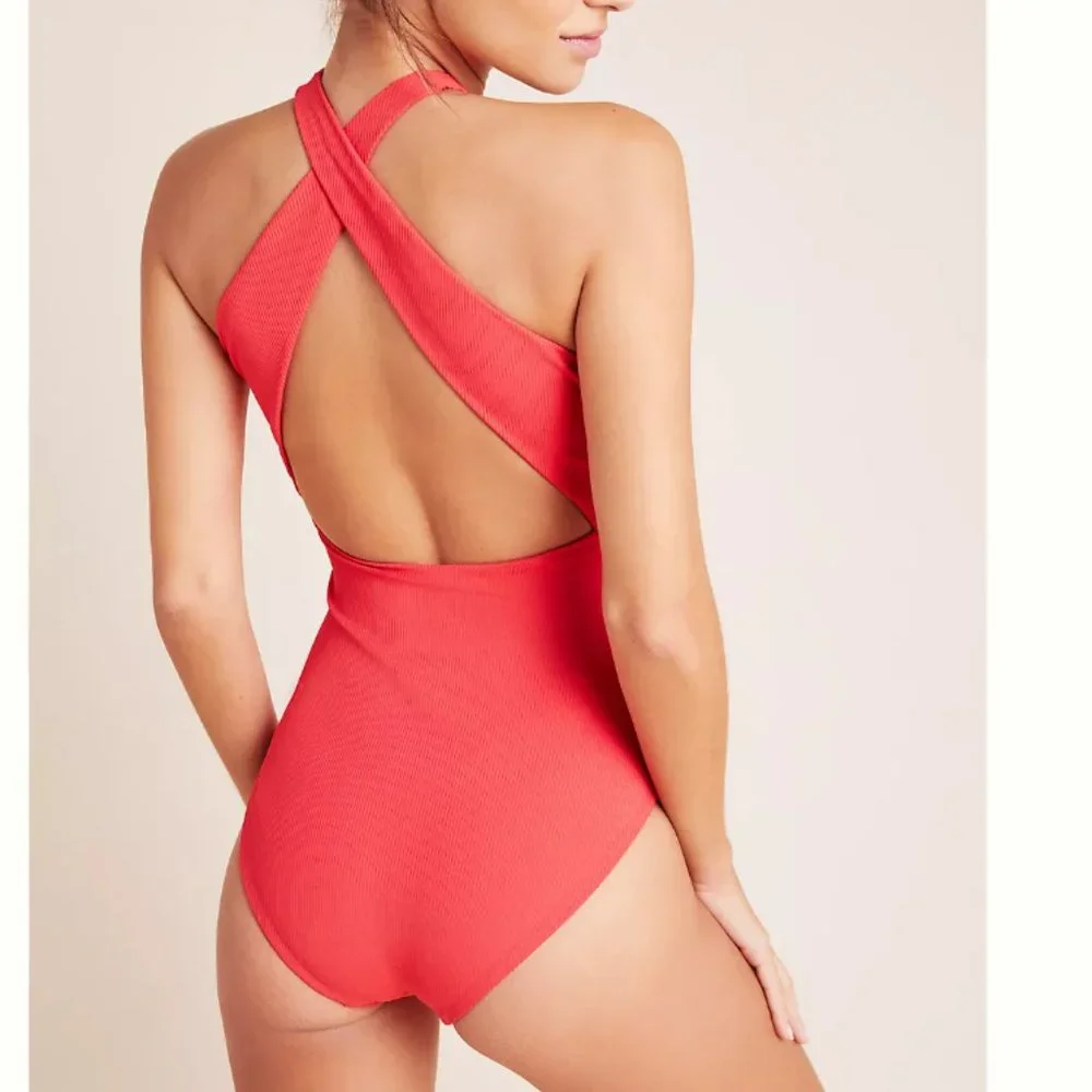 Anthropologie Onia Nicole Ribbed One-Piece Swimsuit Red‎ Rock Medium NWT